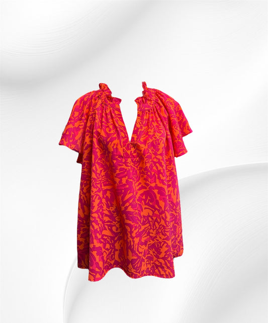 Two Tone Abstract Print Top with Raglan Ruffle Sleeve, Split Ruffle Neci