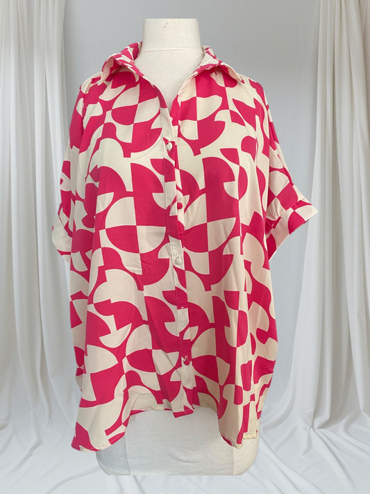 Pink Two Tone Abstract Boxy Cut Botton Down Satin Shirt with Hidden Placket