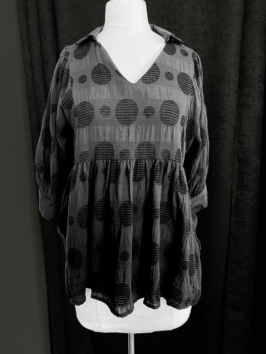 Solid Textured Polka Dot Baby Doll Top with Puff 3/4 Sleeve