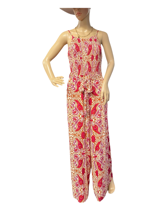 Smoked Woven Print Tube Jumpsuit With Waist Tie