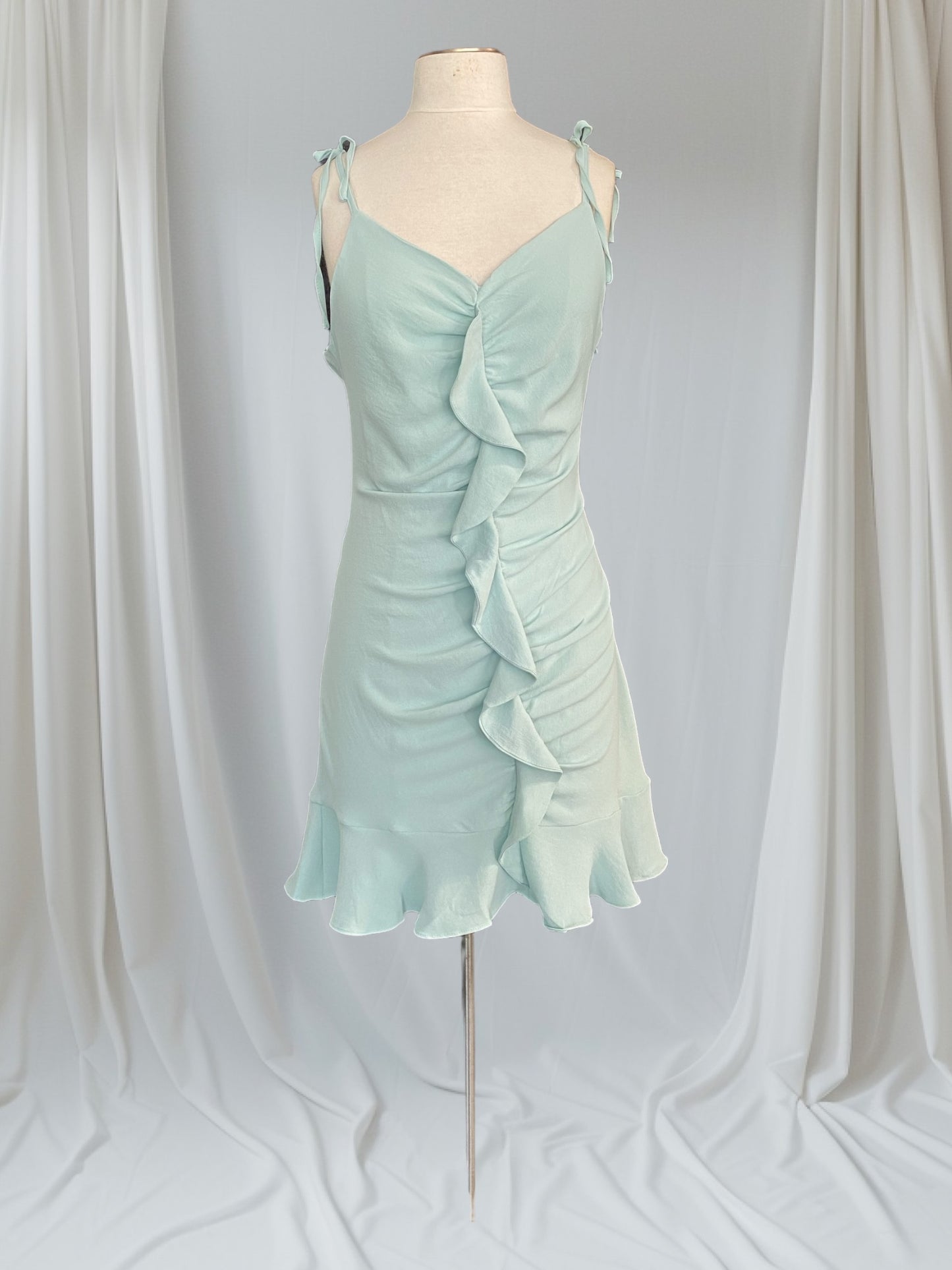 Tied Shoulder Strap Woven Shirred Dress with Front Ruffle