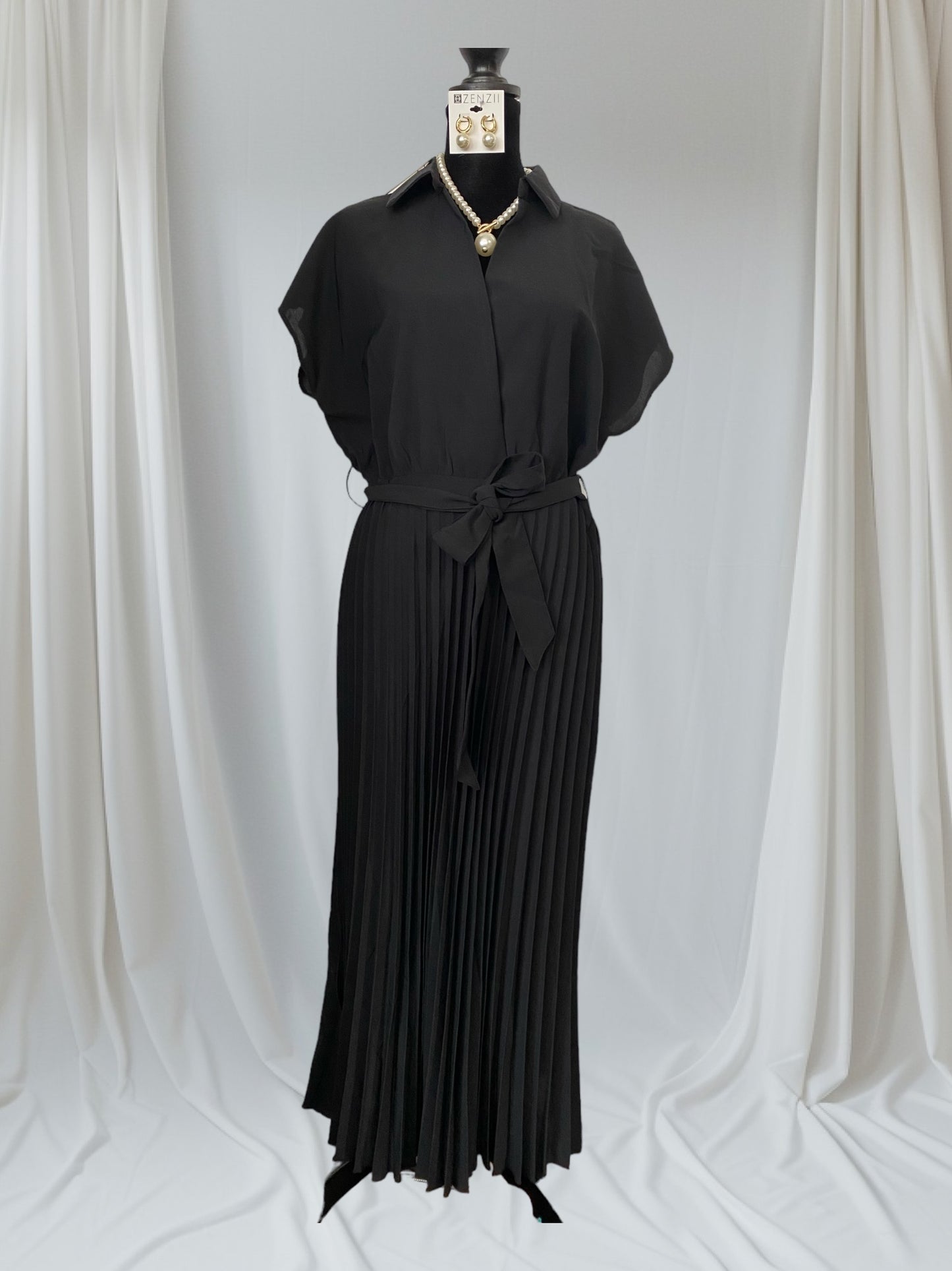 Collared V-Neck Pleated Midi Dress with Belt & Side Zipper