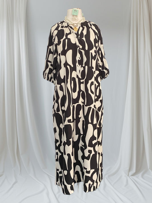 Black Mix Abstract Print Half Button Down Split Neck Midi Dress with Short Puff Sleeves