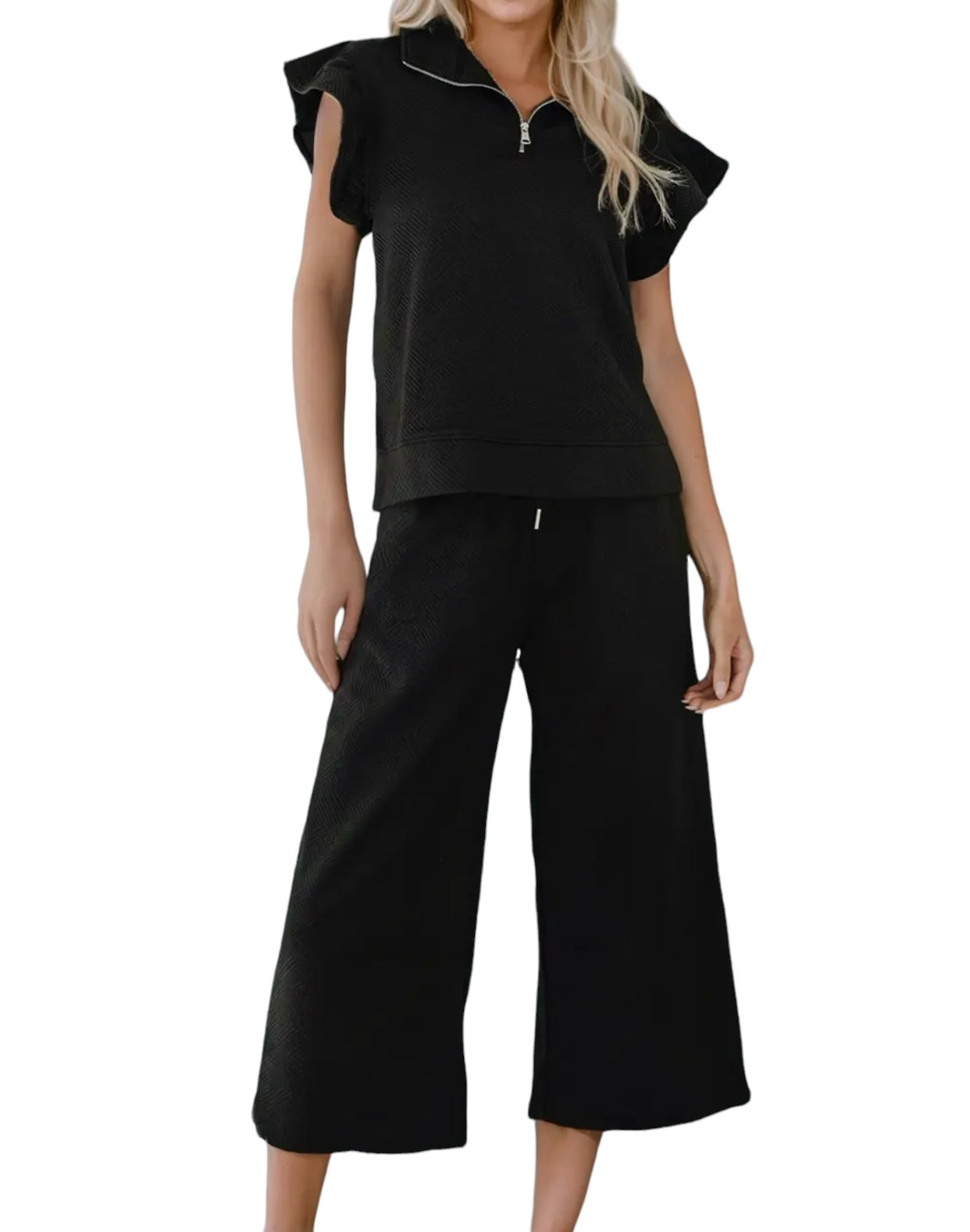 Black Textured Flutter Sleeve Top Wide Leg Pants Set