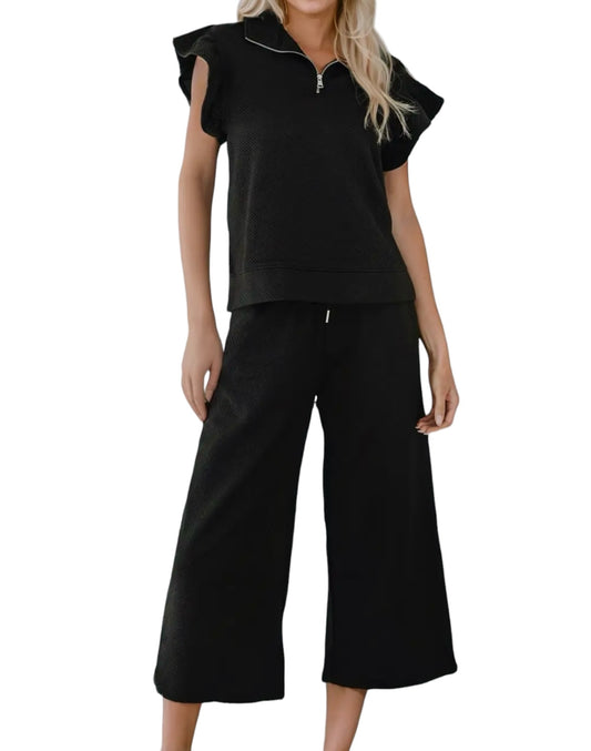 Black Textured Flutter Sleeve Top Wide Leg Pants Set