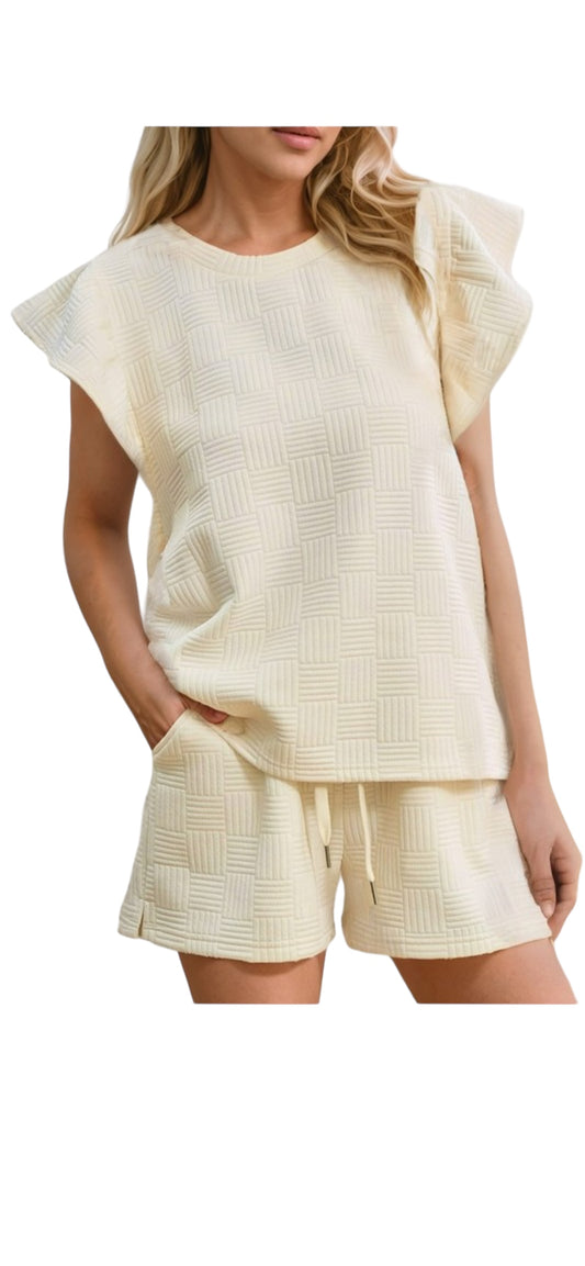 Casual Textured Ruffle Shift Solid Short Sleeve Set