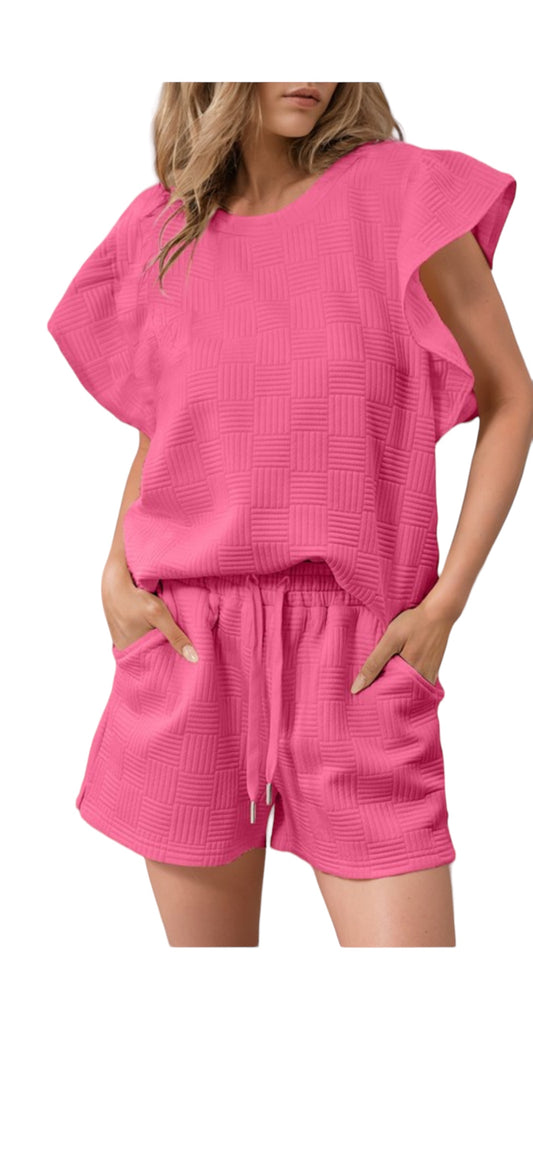 Casual Textured Ruffle Solid Short Sleeve Set