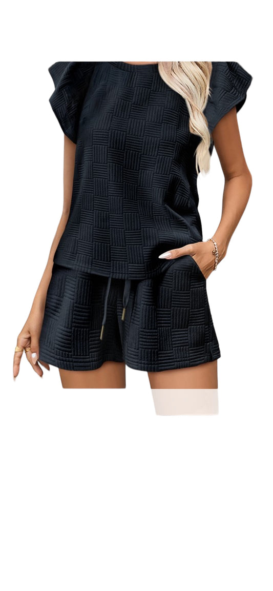 Casual Textured Ruffle Shift Solid Short Sleeve Set