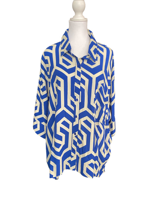 Two Tone Geometric Print High Low Hem Button Down Top