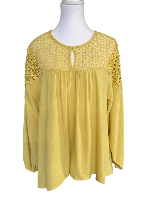 Linen Blend Crochet Detailed Long Sleeve Round Top