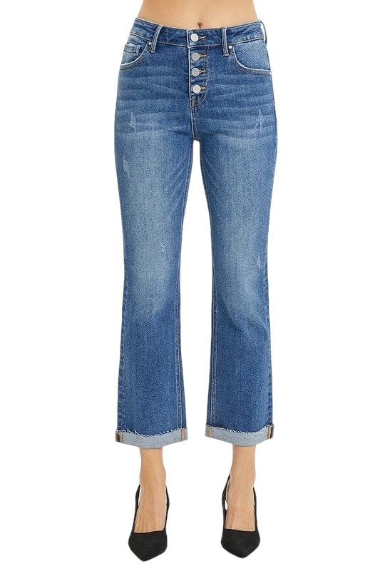 Risen High Rise Button Fly Ankle Straight Leg Jeans