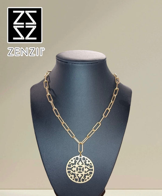 Matte Gold Emblem Pendant and Chain Collar Necklace